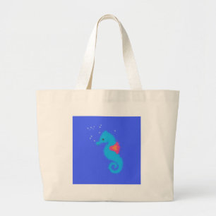 Blue Cartoon Seahorse Grote Tote Bag