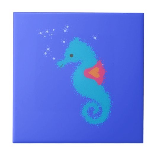 Blue Cartoon Seahorse Tegeltje (Voorkant)
