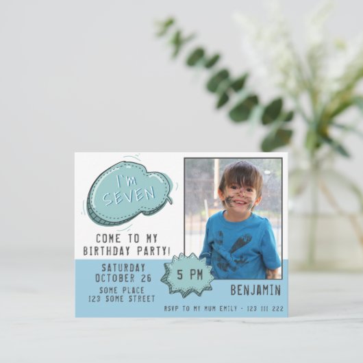 Blue Cartoon Speech Bubble Boy Foto van Birthday (Staand voorkant)