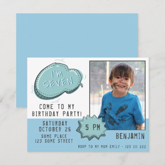 Blue Cartoon Speech Bubble Boy Foto van Birthday (Voorkant / Achterkant)