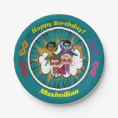 Blue Cartoon Superheld Comic Book Verjaardagsfeest Papieren Bordje (Voorkant)