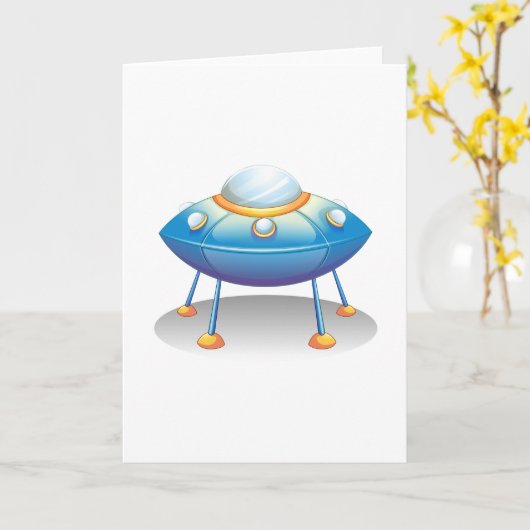 Blue Cartoon UFO Spaceship Fun Sci-Fi Kaart (Gele Bloem)