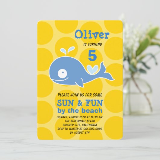 Blue Cartoon Whale Beach Party Photo Boy Birthday Kaart (Staand voorkant)