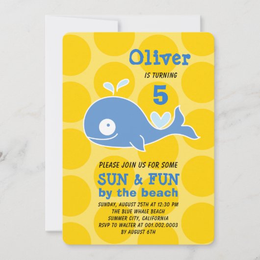 Blue Cartoon Whale Beach Party Photo Boy Birthday Kaart (Voorkant)