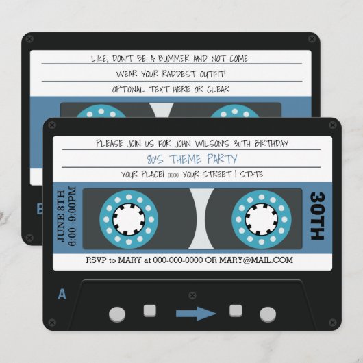 Blue Cassettebandje Retro 80s Birthday Party Kaart (Voorkant / Achterkant)