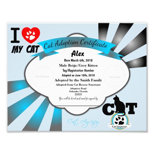 Blue  Cat Adoption Certificate Foto Afdruk (Voorkant)