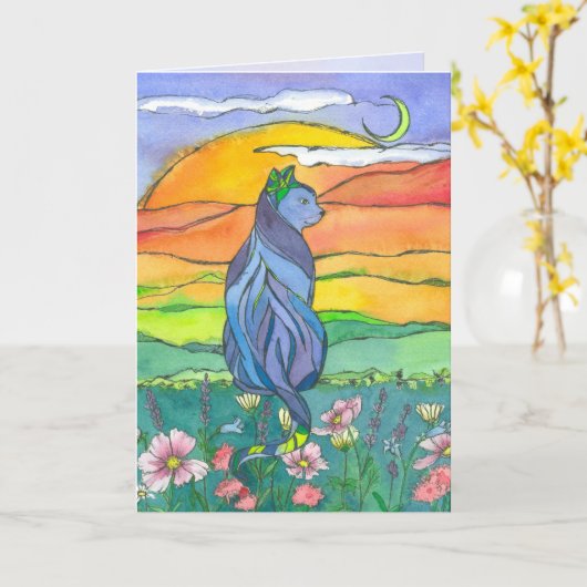 Blue Cat Happy Birthday Kaart (Gele Bloem)