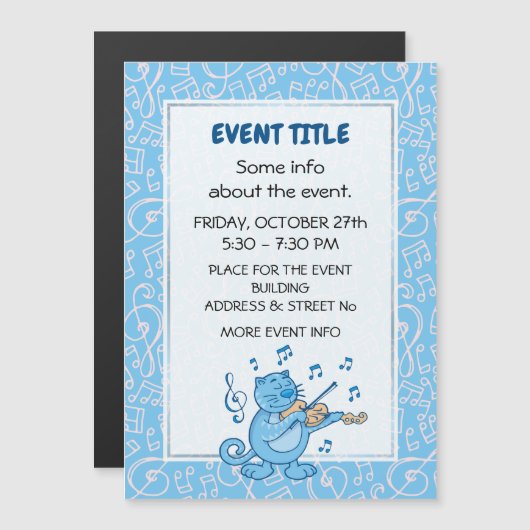 Blue Cat met Violin Magnetic Invitation (Voorkant / Achterkant)