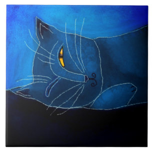 Blue Cat Napping Abstract digitaal schilderij Tegeltje