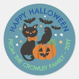 Blue Cat Pumpkin Raven Happy Halloween Ronde Sticker