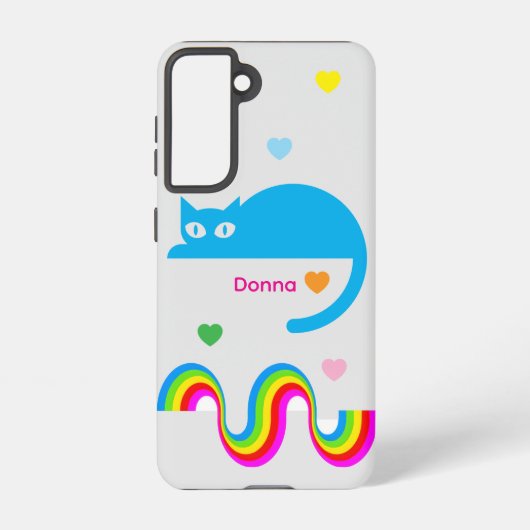 Blue Cat Rainbow Hearts Galaxy Case – Gray Samsung Galaxy Hoesje (Achterkant)