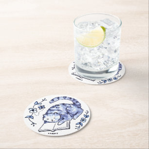 Blue Cat Reader Paper-Onderzetter Ronde Kartonnen Onderzetter
