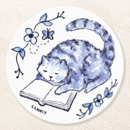 Blue Cat Reader Paper-Onderzetter Ronde Kartonnen Onderzetter