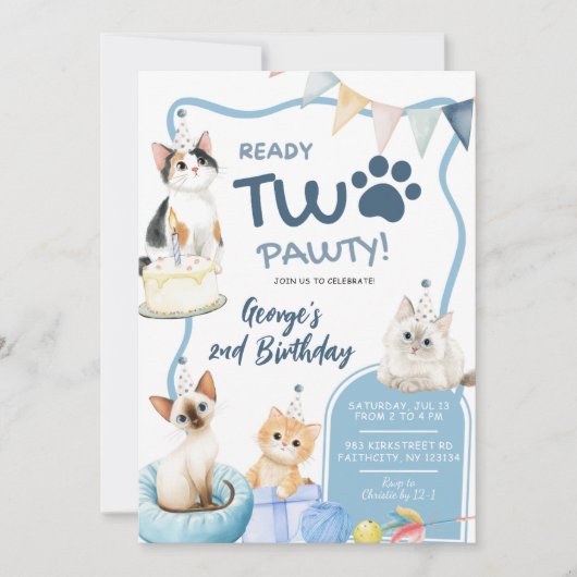 Blue Cat Ready Two Pawty Uitnodiging voor de 2e ve (Voorkant)