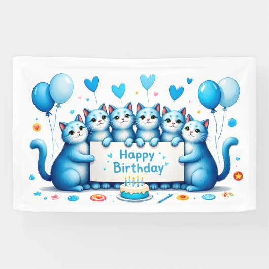 Blue Cat verjaardagsfeest illustratie Spandoek (Horizontaal)