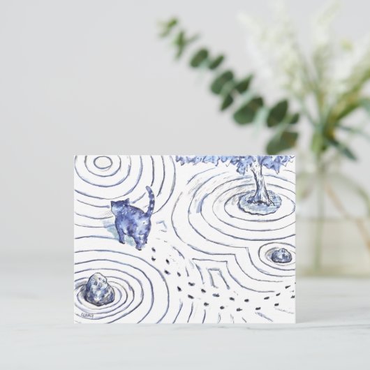 Blue Cat Zen Garden Feestdagenkaart (Staand voorkant)