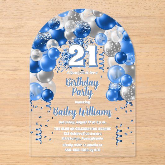 Blue Celebration Balloons 21e verjaardagsfeest Acryl Uitnodigingen (Voorkant)