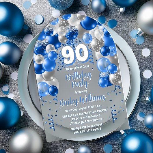 Blue Celebration Balloons 90ste verjaardagsfeest Acryl Uitnodigingen