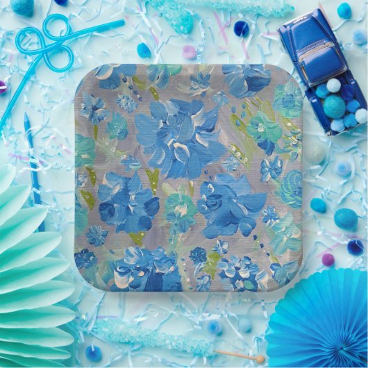 Blue Celebration Floral, 9" vierkant papier Bord (Feest)