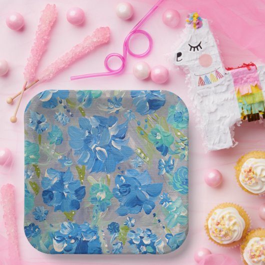 Blue Celebration Floral, 9" vierkant papier Bord (Feest)