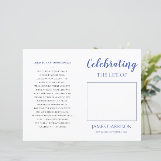 Blue Celebration of Life Funeral Photo Programme (Staand voorkant)