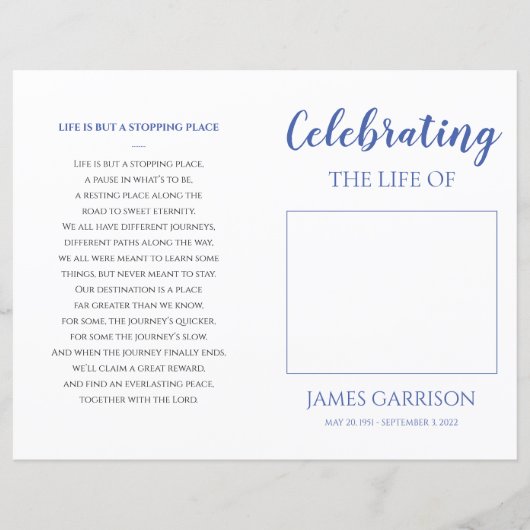 Blue Celebration of Life Funeral Photo Programme (Voorkant)