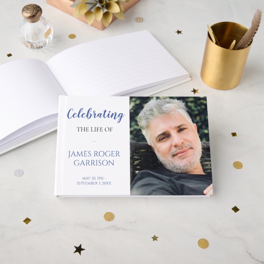 Blue Celebration of Life Memorial Photo Guest Book Gastenboek (Voorkant open)