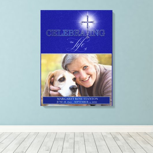Blue Celebration of Life Religious Cross Foto Canvas Afdruk (Insitu (Houten vloer))