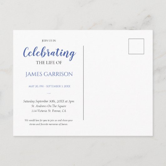 Blue Celebration of Life with Photo Funeral Invite Briefkaart (Achterkant)