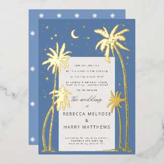 Blue Celestial Palm Tree bruiloft Folie Uitnodigin Uitnodiging