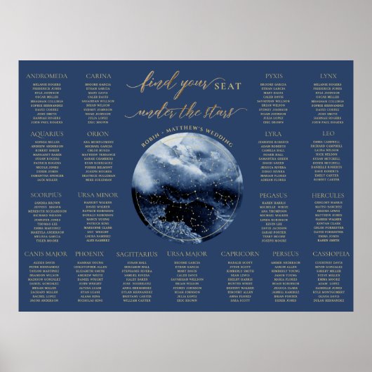Blue Celestial Wedding Table Seating Chart Sign Poster (Voorkant)