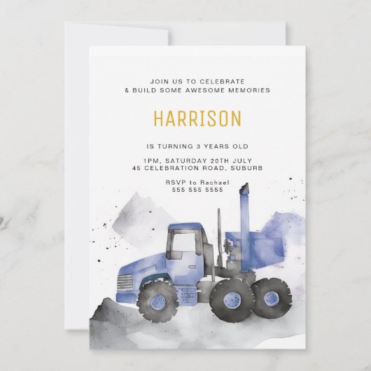 Blue Cement Truck Birthday Invitation Kaart (Voorkant)