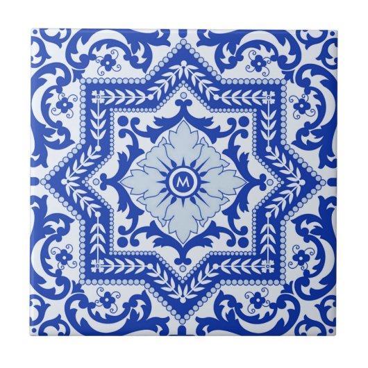 Blue Ceramic Style Azulejo  Monogram Tegeltje (Voorkant)