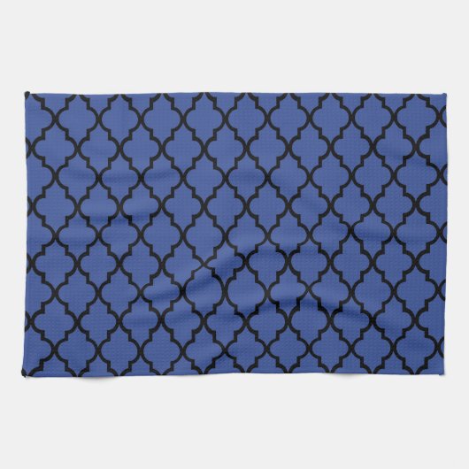 Blue Cerulean & Black Maroccan Trellis Quatrefoil Theedoek (Horizontaal)