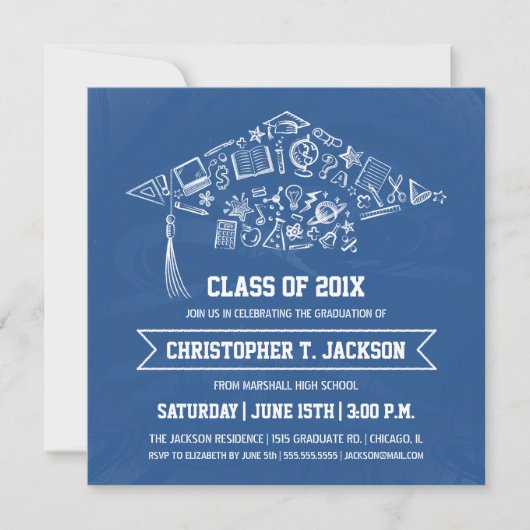 Blue Chalkboard Afstuderen Invitation with Photo Kaart (Voorkant)