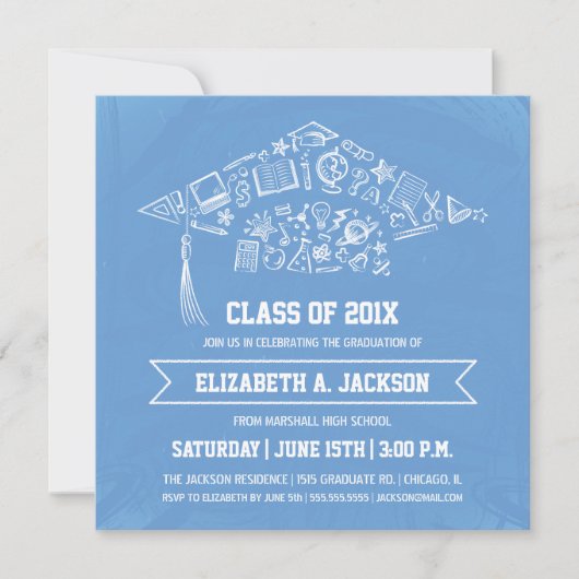 Blue Chalkboard Afstuderen Invitation with Photo Kaart (Voorkant)