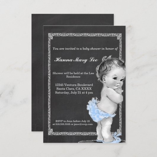 Blue Chalkboard  Baby shower Invitation Kaart (Voorkant / Achterkant)