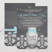 Blue Chalkboard Firefly Mason Jar Baby shower Kaart (Voorkant / Achterkant)