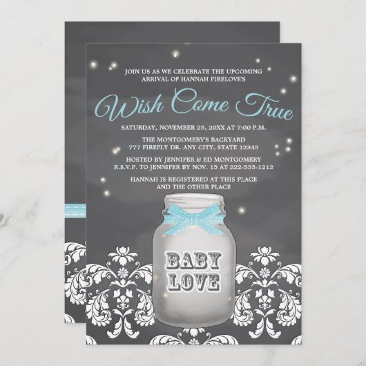 Blue Chalkboard Firefly Mason Jar Baby shower Kaart (Voorkant / Achterkant)