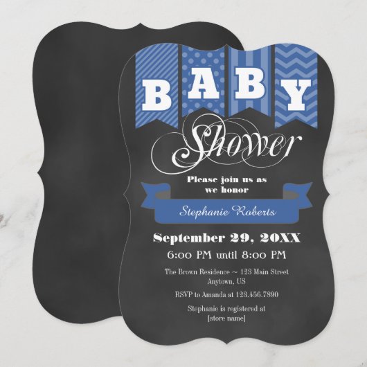 Blue Chalkboard Flag Baby shower Invite Kaart (Voorkant / Achterkant)