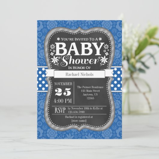 Blue Chalkboard Floral Baby shower Invite Kaart (Staand voorkant)