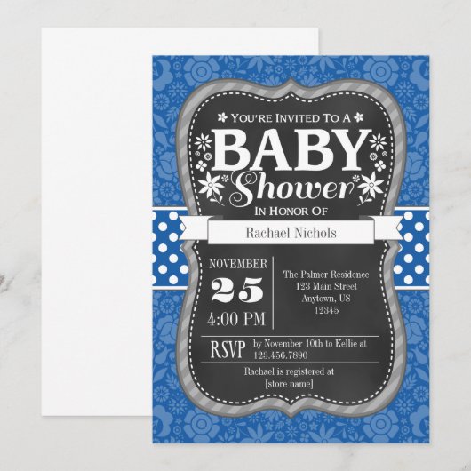 Blue Chalkboard Floral Baby shower Invite Kaart (Voorkant / Achterkant)