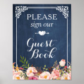 Blue Chalkboard Floral Sign Our Guestbook Poster (Voorkant)
