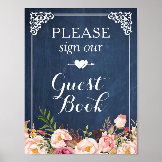 Blue Chalkboard Floral Sign Our Guestbook Poster (Voorkant)