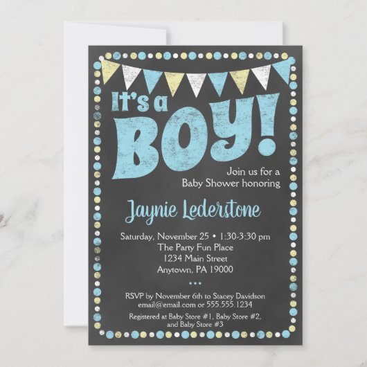 Blue Chalkboard Het is een Baby shower-uitnodiging Kaart (Voorkant)
