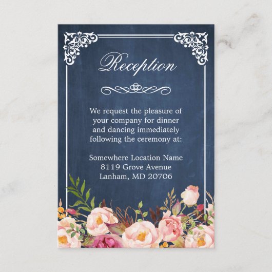 Blue Chalkboard Rustic Floral Wedding Reception Informatiekaartje (Voorkant)