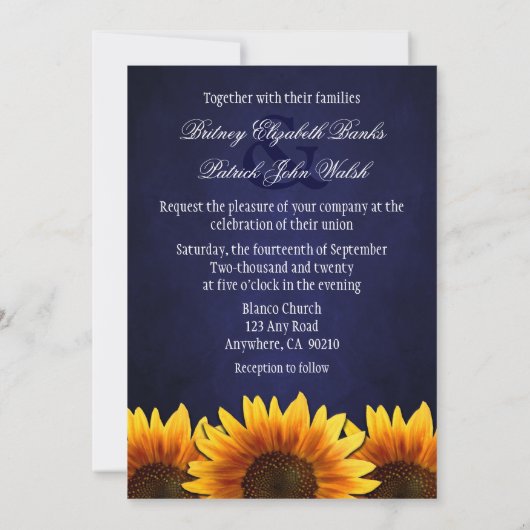 Blue Chalkboard Sunflower Wedding Invitting Kaart (Achterkant)