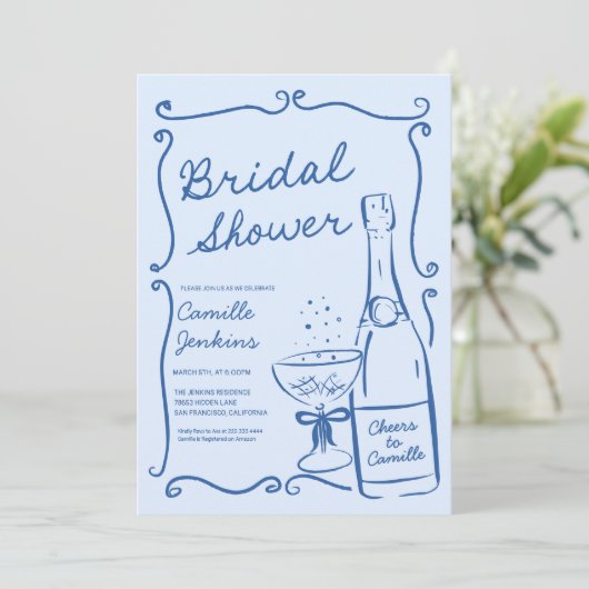 Blue Champagne Brunch Vrijgezellenfeest Uitnodigen Kaart (Staand voorkant)