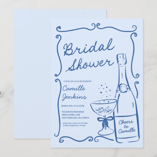 Blue Champagne Brunch Vrijgezellenfeest Uitnodigen Kaart (Voorkant / Achterkant)