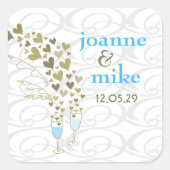 Blue Champagne Cheers & Gold Hearts Chic Wedding Vierkante Sticker (Voorkant)